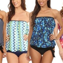 Women's Strapless Bandeau Blouson Tie Tankini