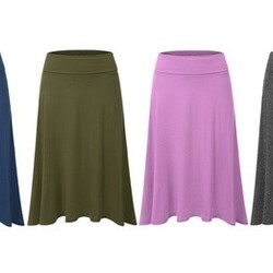 Doublju Women's High-Waist Elastic Soft Flared Midi Skirts. Plus Size Available.