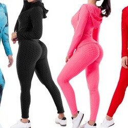 Women Textured High Waist Tummy Control Workout Leggings  & Zip Up Jacket Set