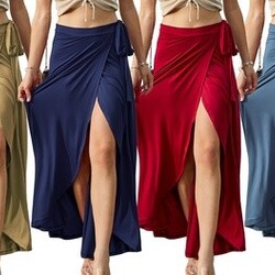 Doublju Women's Tie Waist Flared Wrap Maxi Skirt